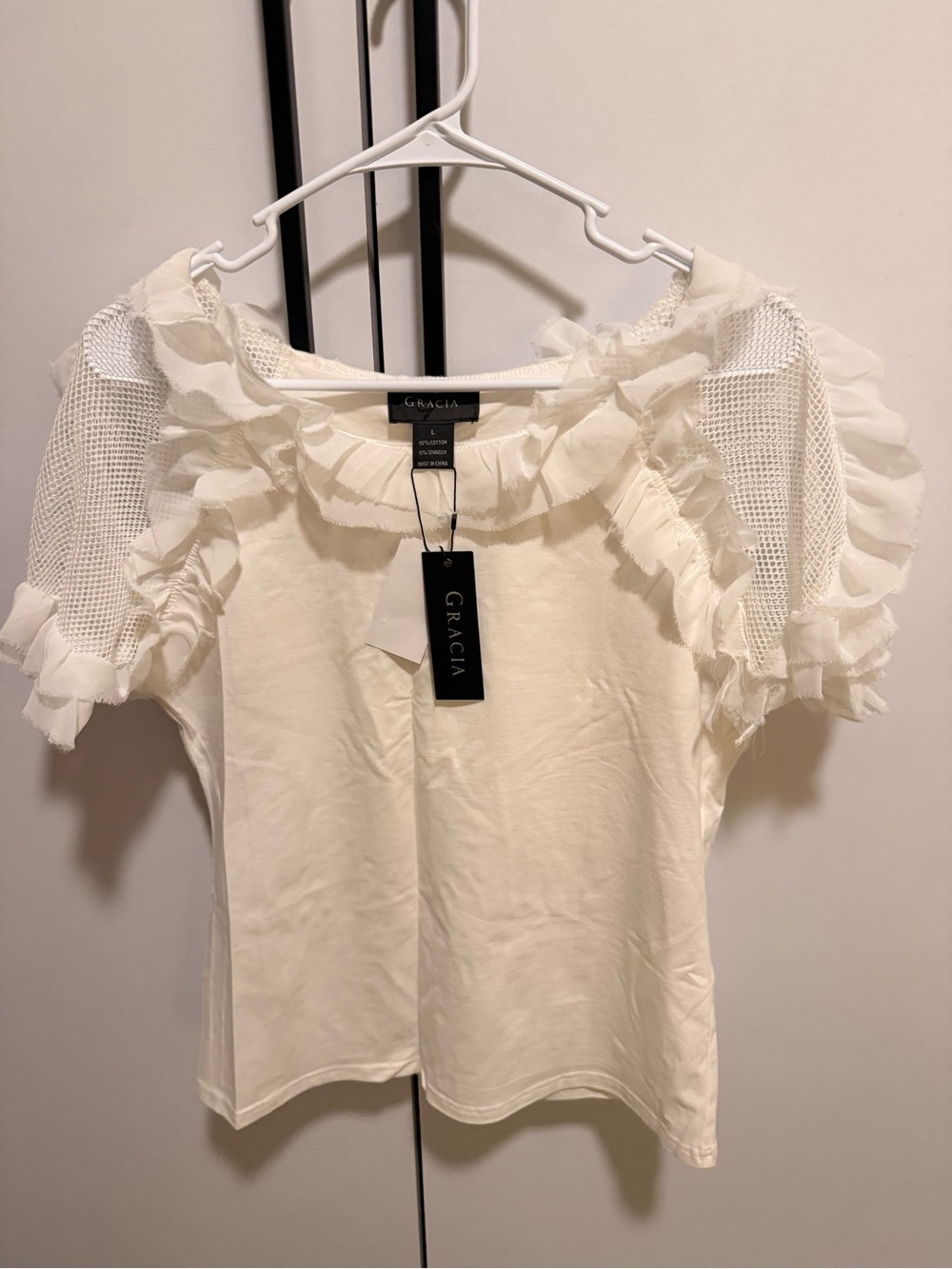 Gracia Ivory Ruffle Mesh Sleeve Top